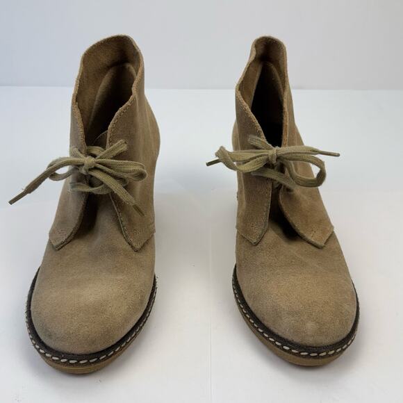 J. Crew Tan Suede Leather Made in Italy Lace Up Wedge Heel Booties Sz 7 Preppy - Picture 3 of 11